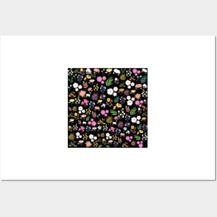 Abstract Leaves & Flowers Pattern In Black Background Posters and Art